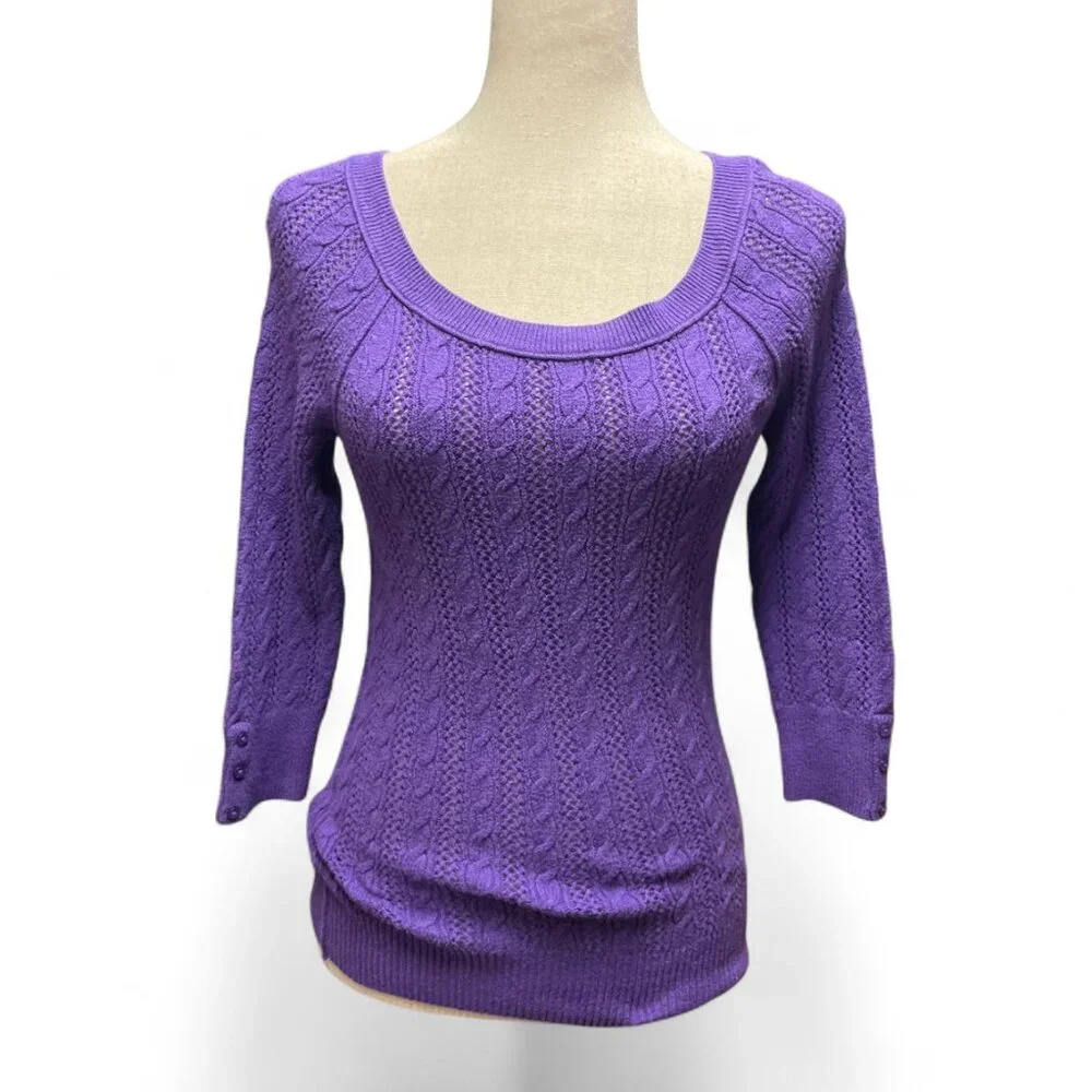 American Eagle Outfitters Y2K Style Purple Cable Knit 3/4 Sleeve Skinny Sweater - Picture 1 of 10